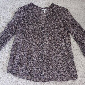 Joie 100% Silk Blouse Womens Small Brown Beige Abstract Print V Neck Button Fron